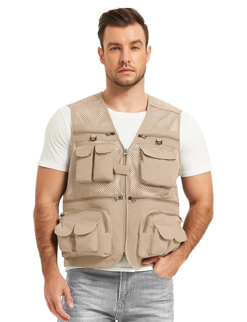 Flygo Men's Fishing Vest Utility Lightweight Outdoor Travel Safari Photo Cargo Vest with 16 pockets mesh Beige M - Image 3